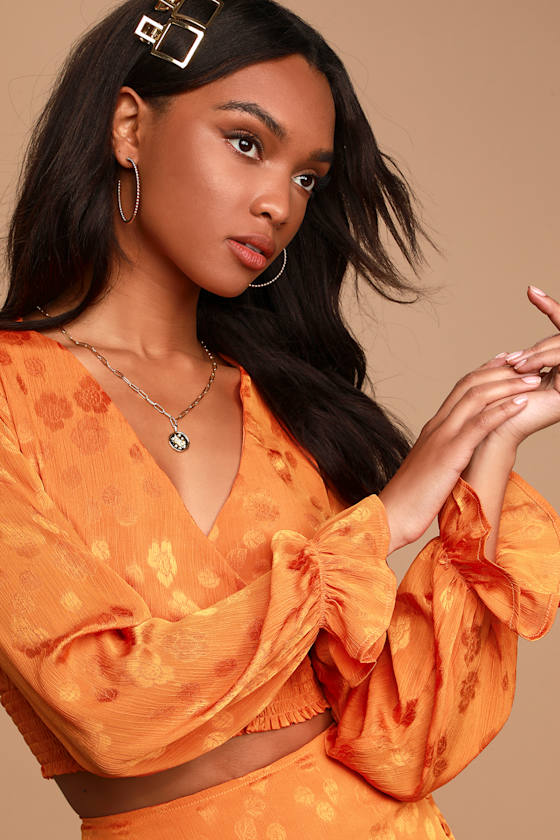 Orange Balloon Sleeve Top - Floral Jacquard Blouse - Crop Top - Lulus