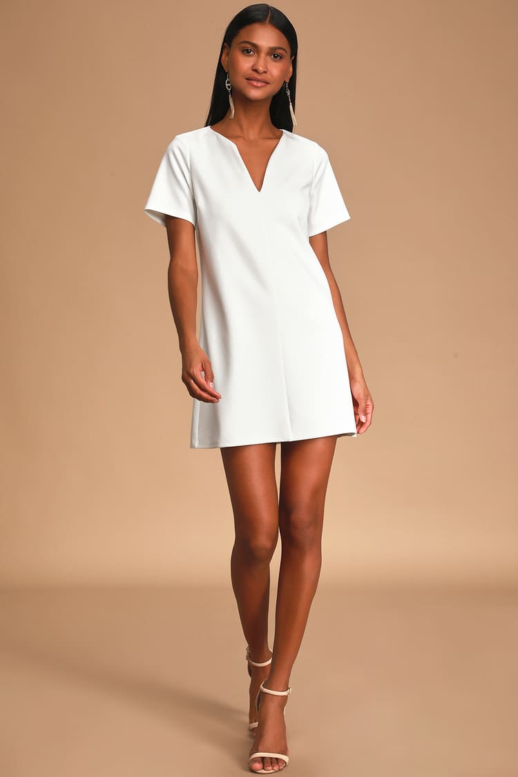 LWD - V-Neck Shift Dress - White V-Neck Mini Dress - Lulus