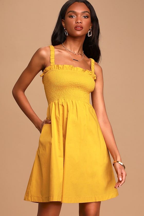 Reaching New Heights Mustard Yellow Smocked Midi Dress 2