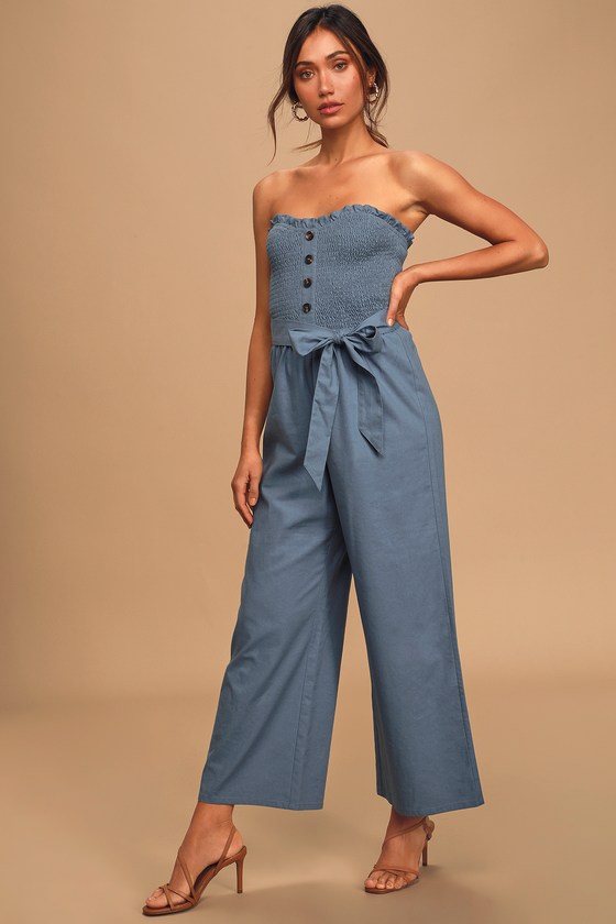 Denim Blue Jumpsuit - Smocked Jumpsuit - Wide-Leg Jumpsuit - Lulus