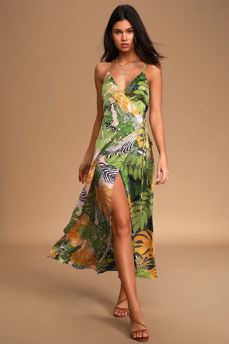 Tropical Fantasy Green Multi Leaf Print Satin Midi Wrap Dress Tropical Fantasy Green Multi Leaf Print Satin Midi Wrap Dress