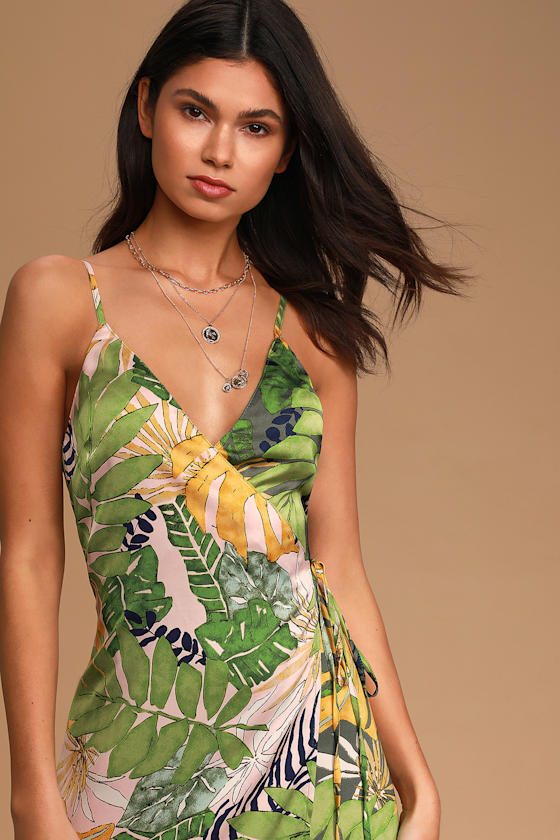 Tropical Fantasy Green Multi Leaf Print Satin Midi Wrap Dress
