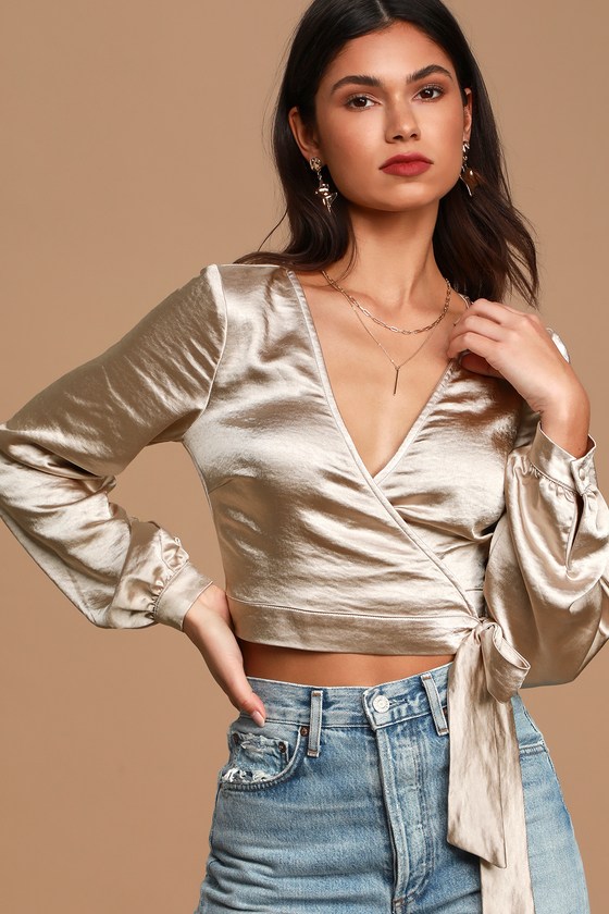 Chic Beige Satin Blouse - Long Sleeve Wrap Top - Cute Crop Top - Lulus