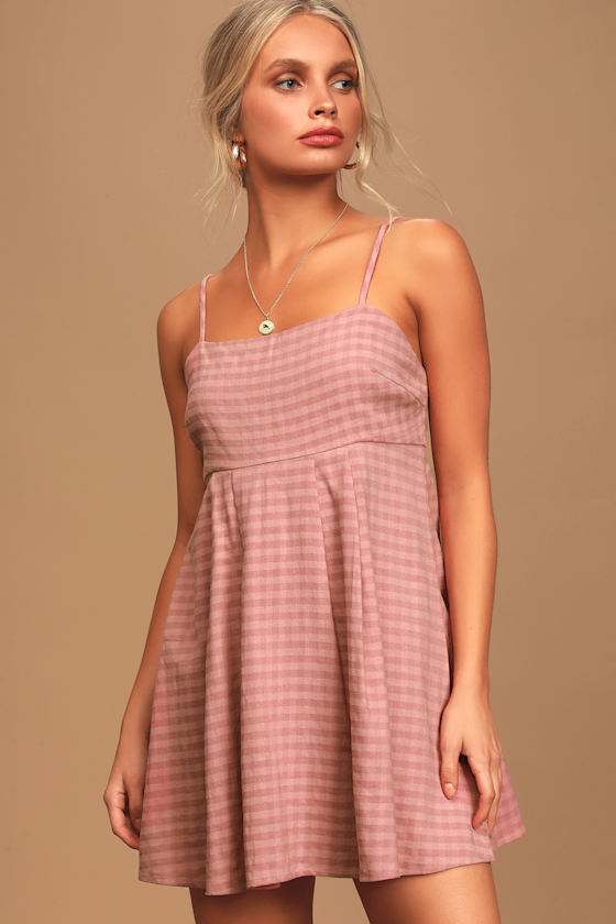 Cute Dusty Pink Dress Mini Swing Dress Gingham Mini Dress Lulus