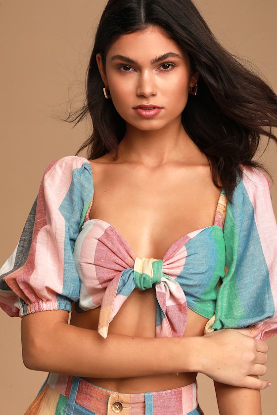 Amaze the Day Multi Striped Puff Sleeve Tie-Front Crop Top 5