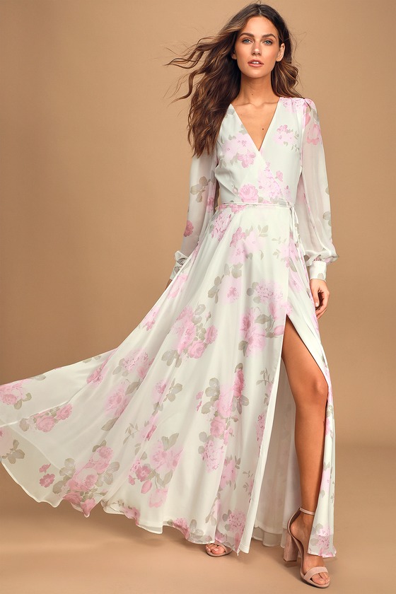 My Whole Heart White Floral Print Long Sleeve Wrap Dress
