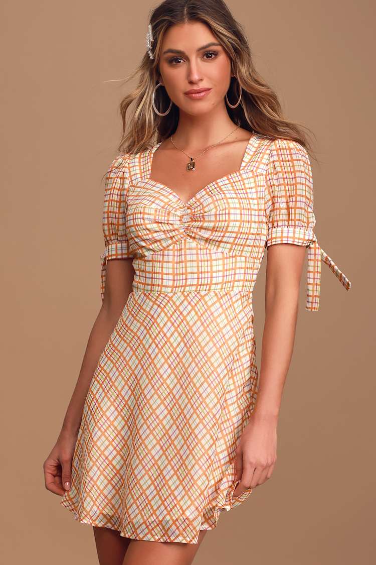 Moon River - Ivory Multi Plaid Dress - Puff Sleeve Mini Dress - Lulus