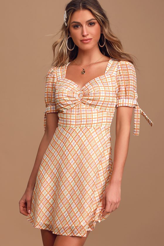 Afternoon Sunshine Ivory Multi Plaid Puff Sleeve Mini Dress 4