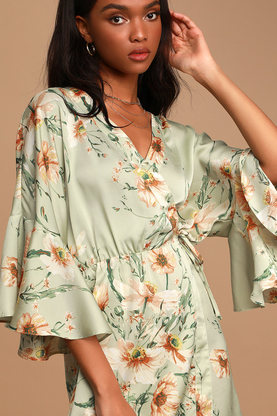 sage green printed long sleeve wrap dress