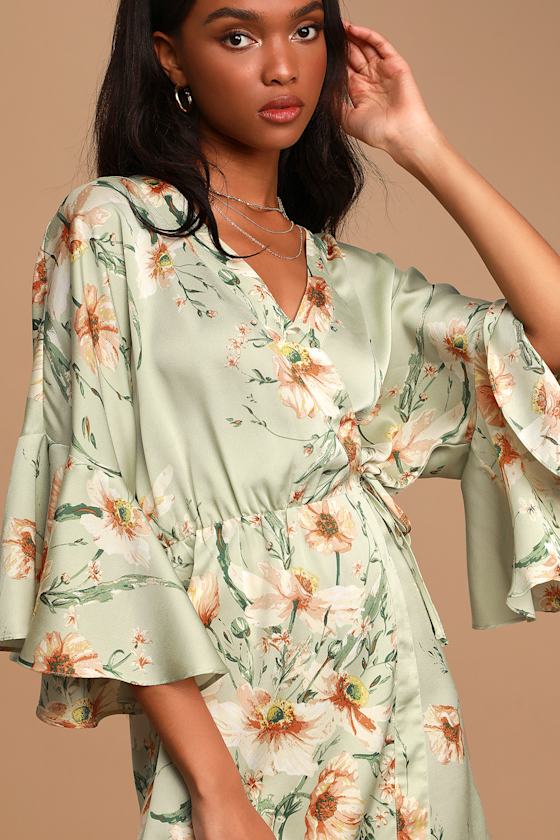 Give Me Love Sage Green Floral Print Ruffled Wrap Mini Dress 4