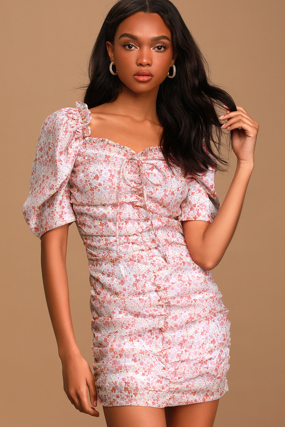 Tinleigh Pink Floral Print Ruched Puff Sleeve Bodycon Mini Dress