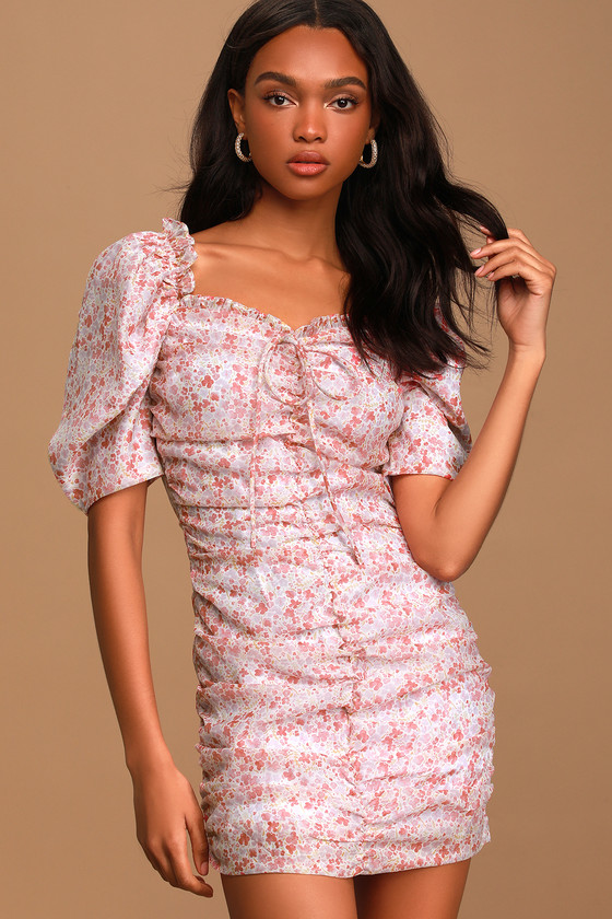Ladies Pink Floral Print Ruched Puff Sleeve Bodycon Mini Dress 3