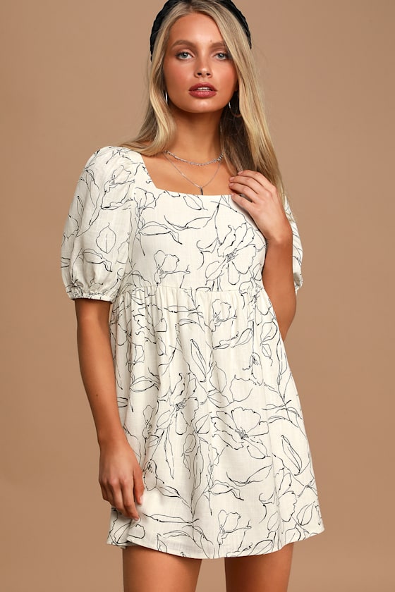 Cream Floral Print Dress Puff Sleeve Dress Babydoll Dress Lulus