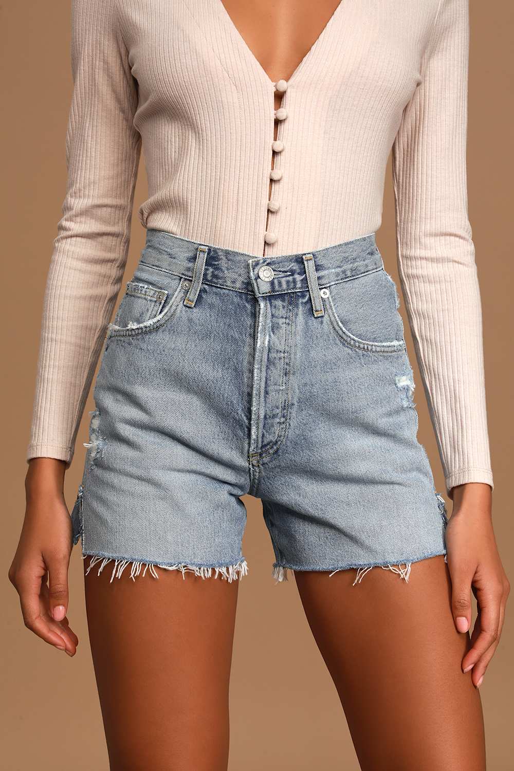 Dee Light Blue Distressed Denim High-Rise Shorts