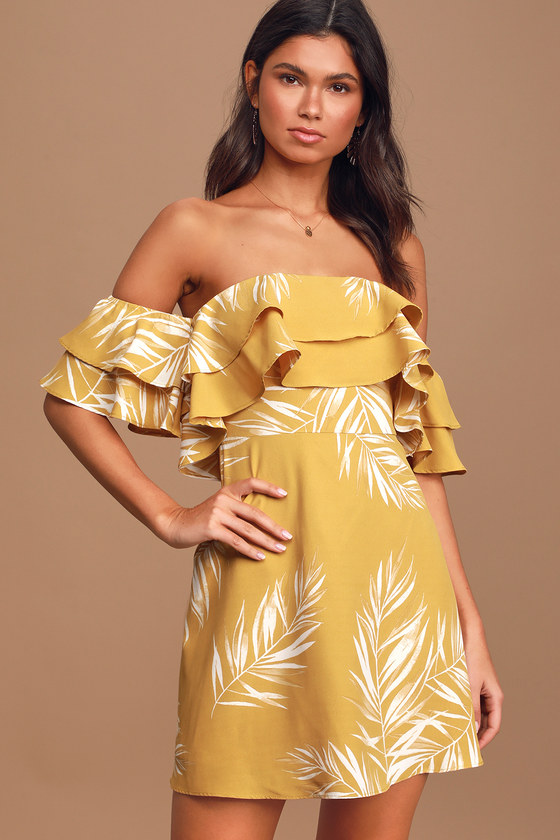 yellow off the shoulder mini dress