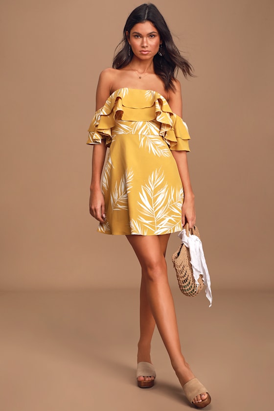 Be-Leaf the Hype Mustard Yellow Off-the-Shoulder Mini Dress 2