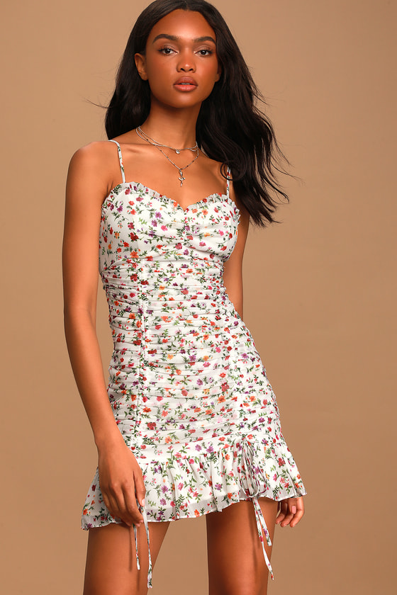 Floral ruched mini best sale dress