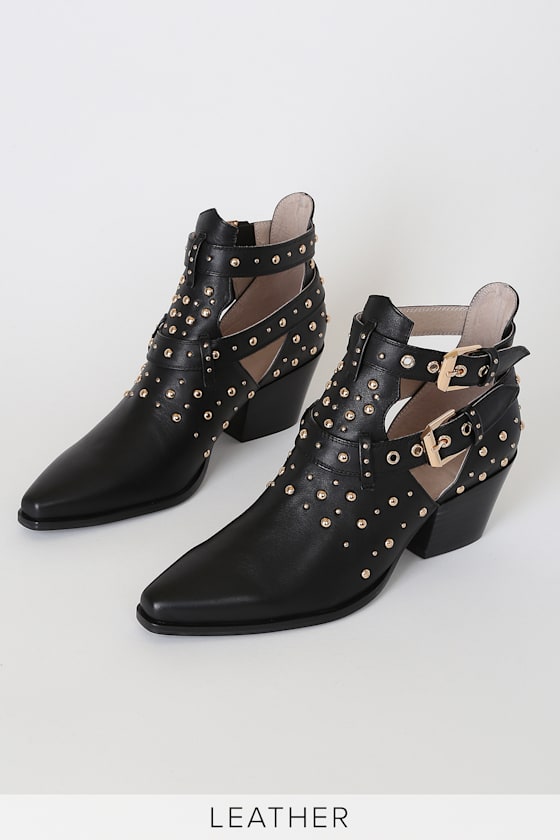 Brenda Black Leather Studded Cutout Ankle Booties 1