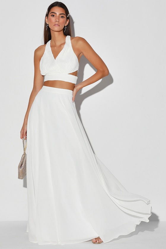 Sexy White Dress - Two-Piece Maxi Dress - Pleated Maxi ...