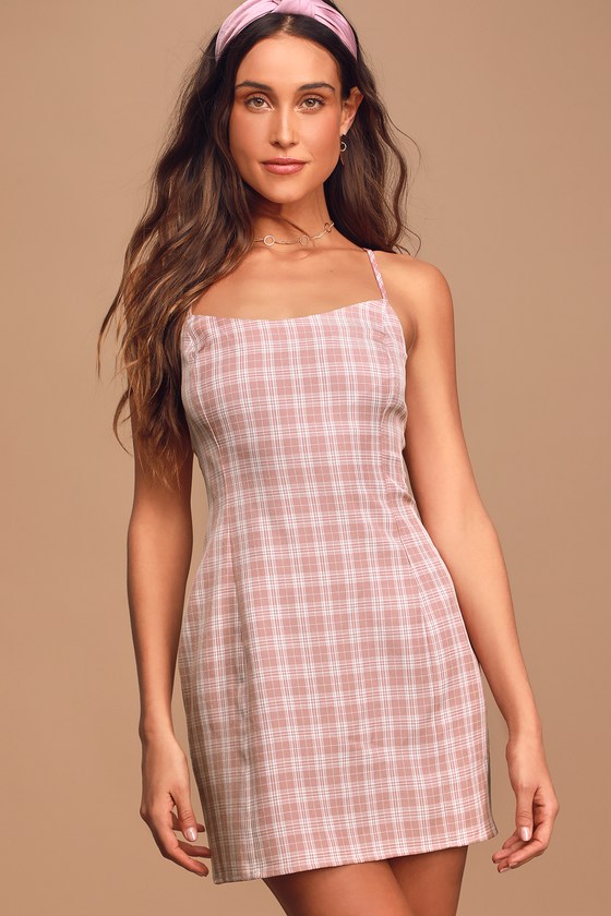 Cute Pink Plaid Mini Dress - Backless ...