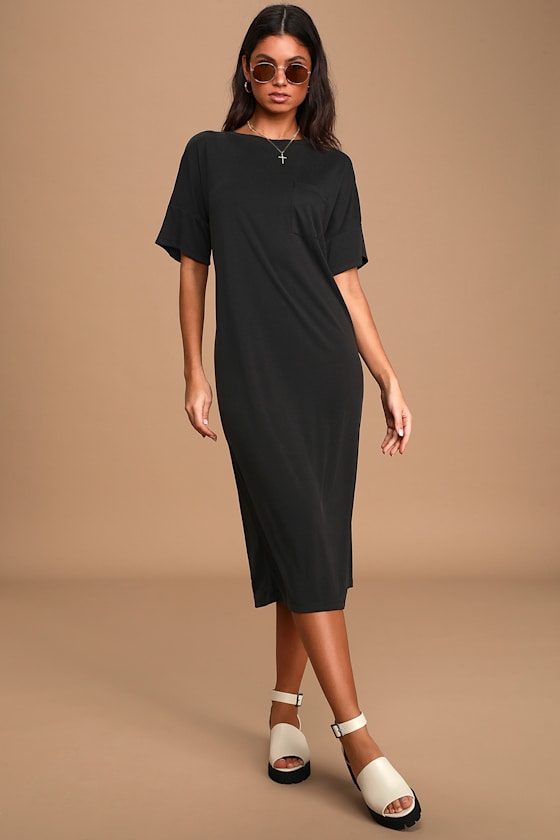 Chill Weekend Washed Black Ribbed Midi Shirt Dress 3