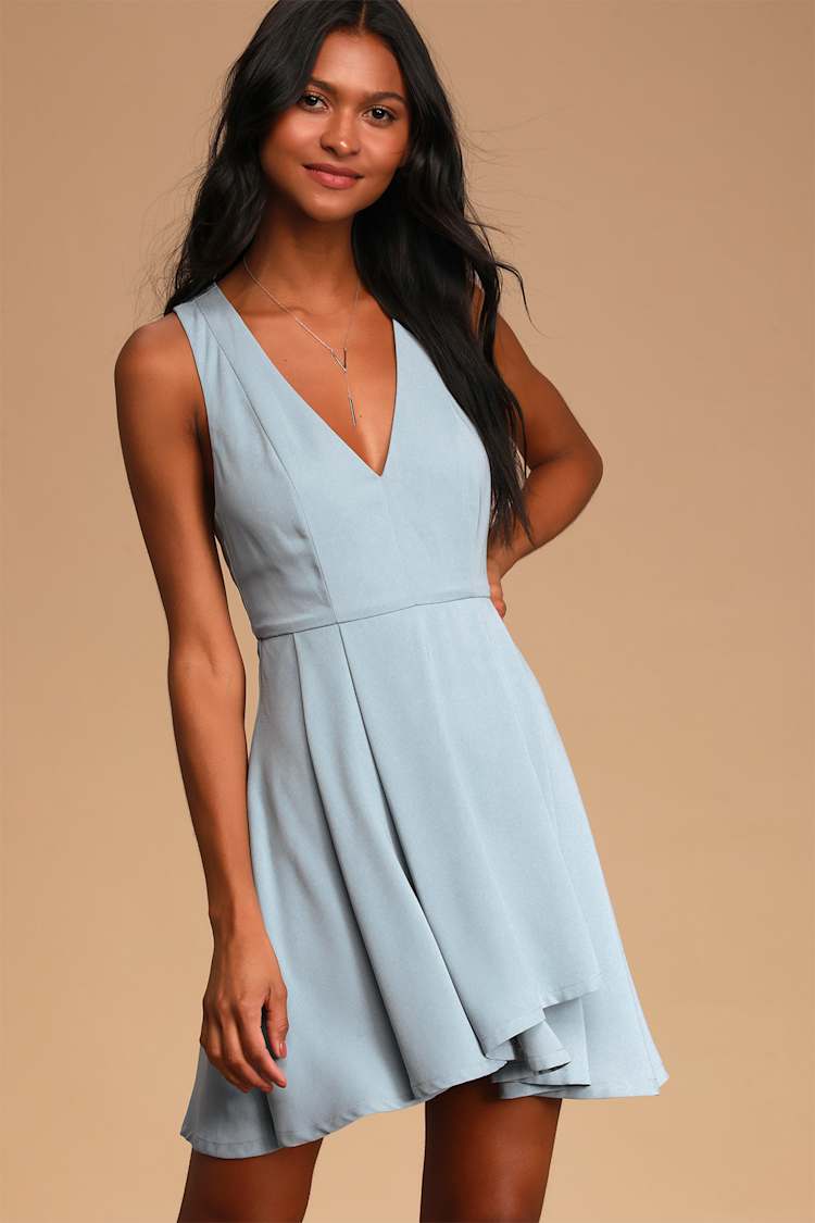 blue and white skater dress Knee Length Chiffon Wholesale Wedding Guest Dresses With Long Sleeves