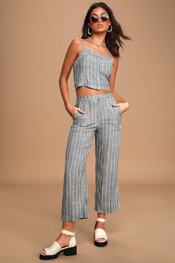 fashion striped side woven belt cropped casual pants