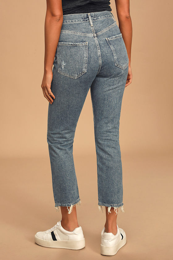 Riley Medium Wash High Rise Straight Cropped Jeans 7