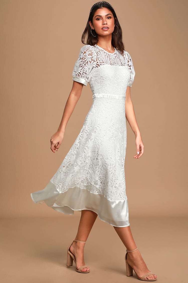 Elegant Bridal White Crochet Lace Midi Puff Sleeve Dress
