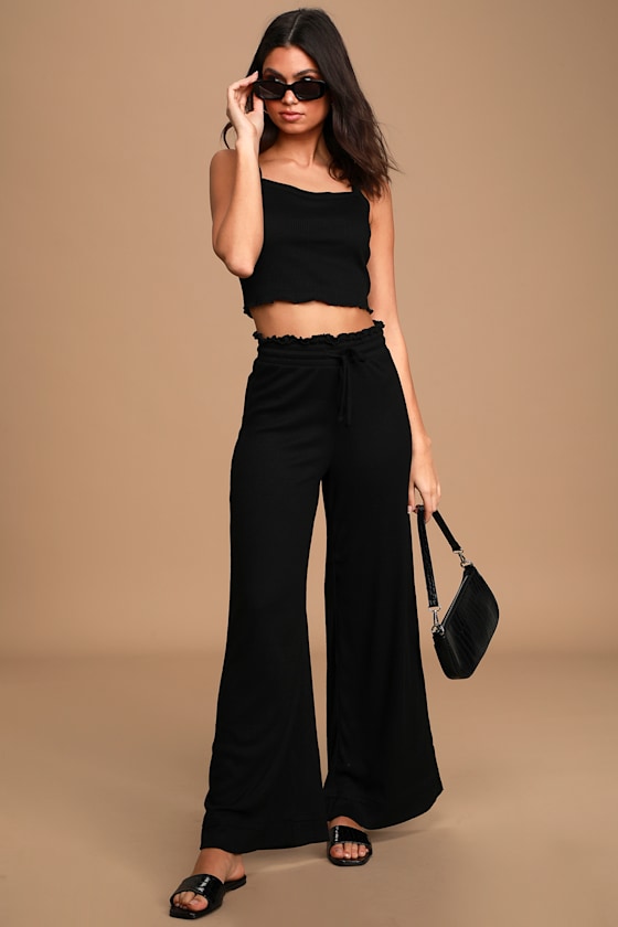 Lounge About Black Ribbed Lettuce-Edge Drawstring Pants 2