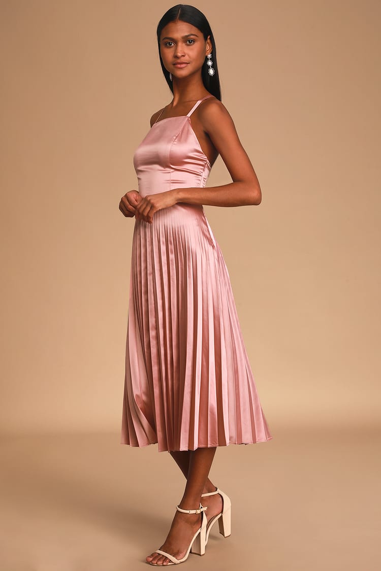 Give us a Twirl Rose Pink Satin Pleated Midi Dress