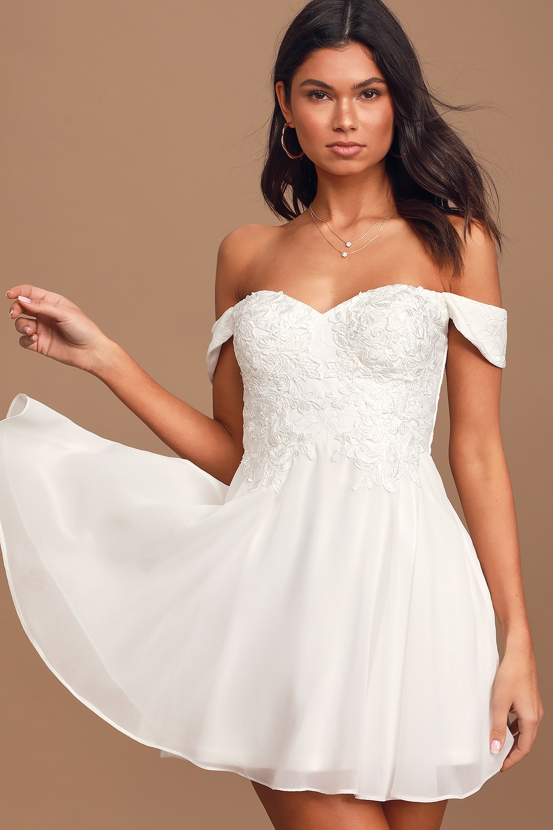 White Lace Off Shoulder Graduation Dress