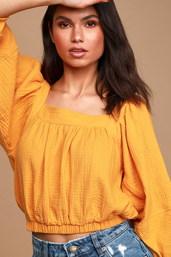 Square Neck Top - Mustard Yellow Crop Top - 3/4 Puff Sleeve Top