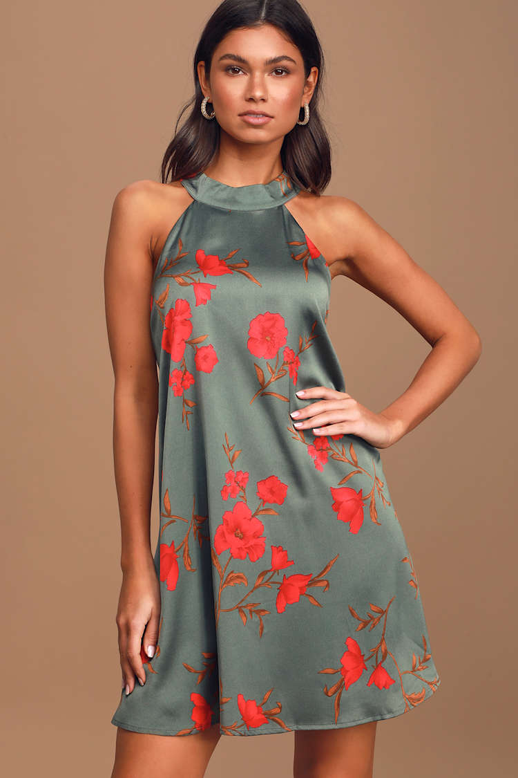 Backless Sage Dress - Halter Swing Dress - Floral Swing Dress - Lulus