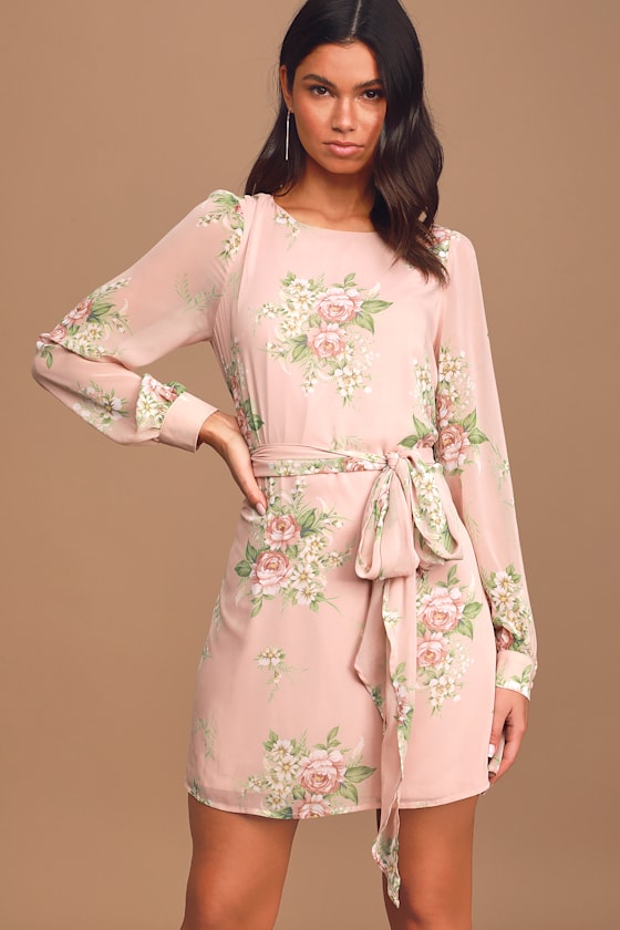 Pink Floral Mini Dress Chiffon Shift Dress Long Sleeve Dress Lulus