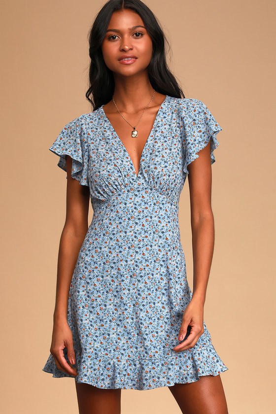 Flirty Blue Floral Print Dress - Mini Dress - Flutter Sleeve - Lulus
