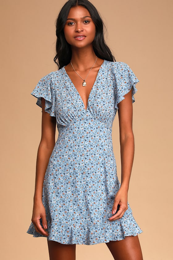Sky Blue Vibrant Floral Print Cap Sleeve Mini Dress