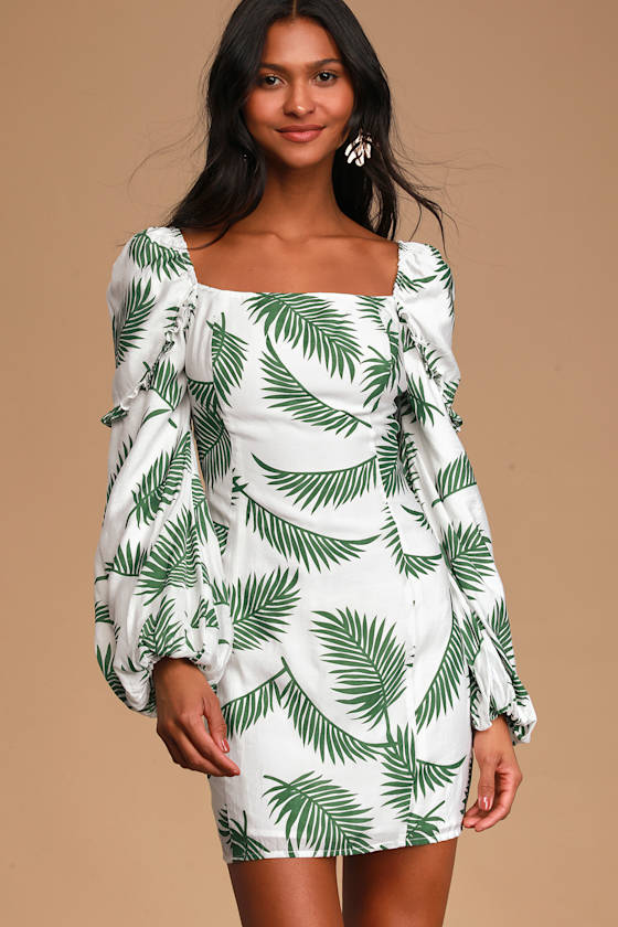 White Leaf Print Dress - Balloon Sleeve Dress - Tropic Mini Dress - Lulus