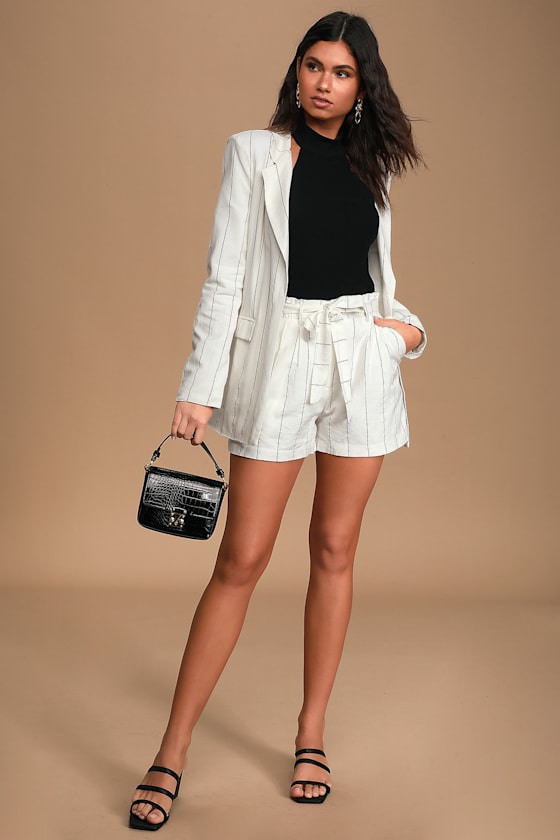 Chase the Dream Ivory Pinstripe Belted Paperbag Waist Shorts 7