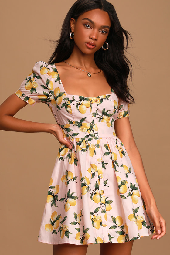 Pink Mini Dress - Lemon Print Skater 