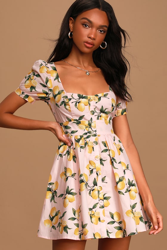 Squeeze the Day Light Pink Lemon Print Puff Sleeve Skater Dress 6