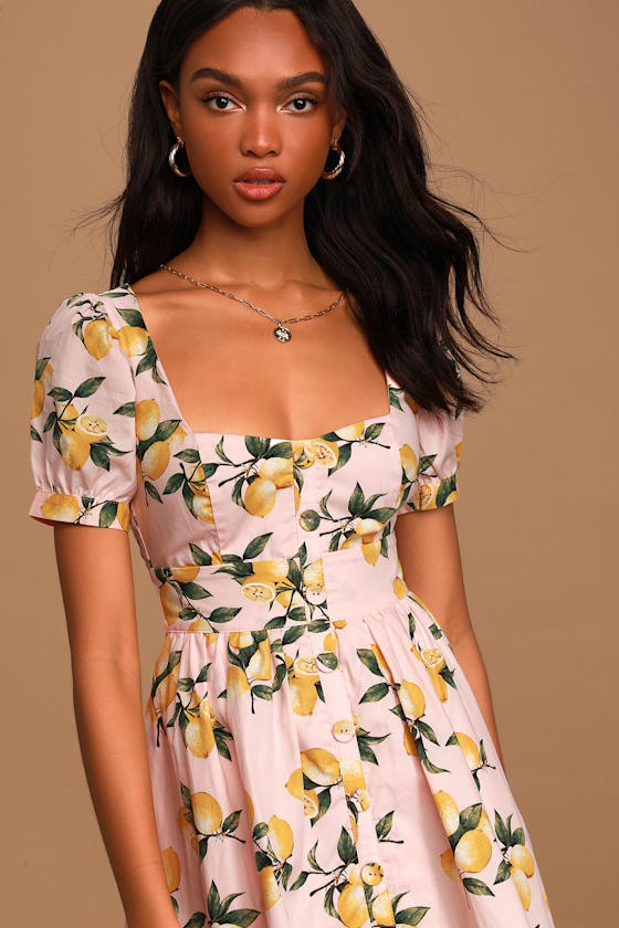 Squeeze the Day Light Pink Lemon Print Puff Sleeve Skater Dress 7