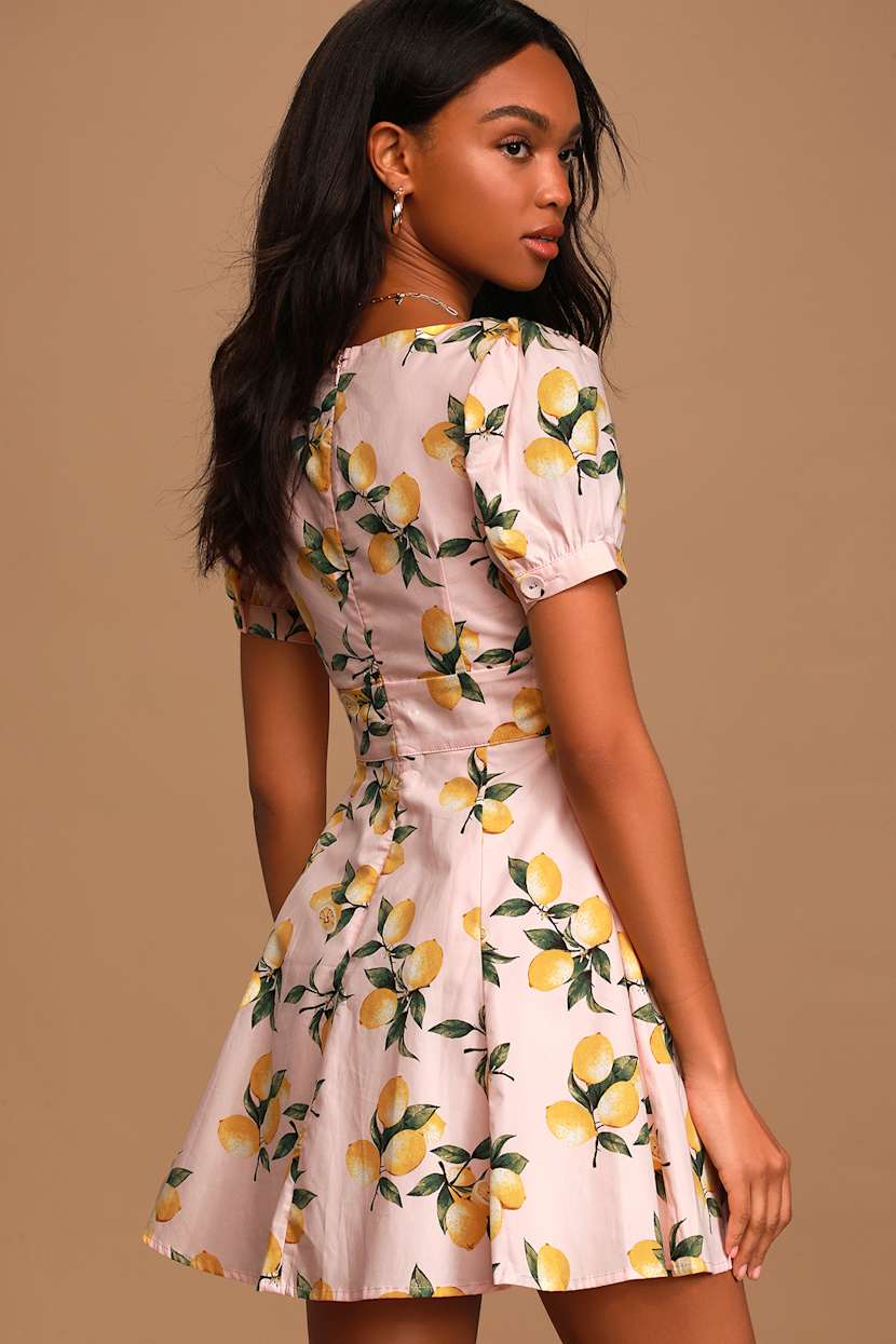 Pink Mini Dress - Lemon Print Skater Dress - Puff Sleeve Dress - Lulus