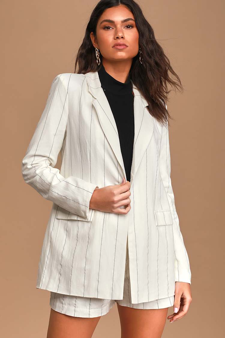 White Pinstripe Blazer - Collared Blazer - Open-Front Jacket - Lulus