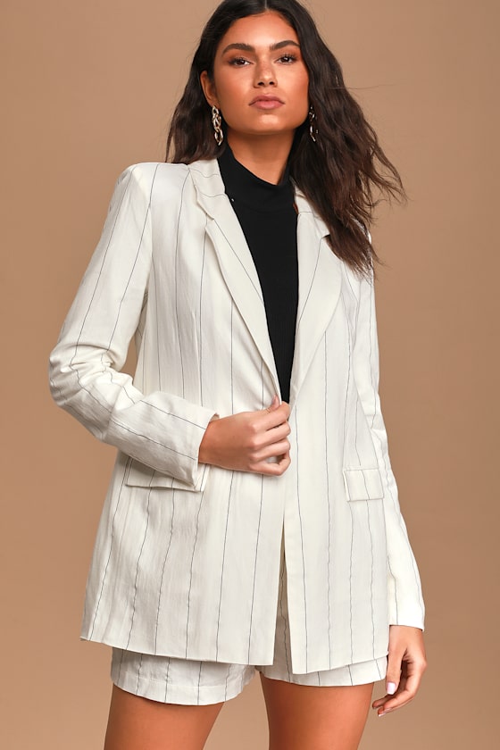 White Pinstripe Blazer Collared Blazer OpenFront Jacket Lulus