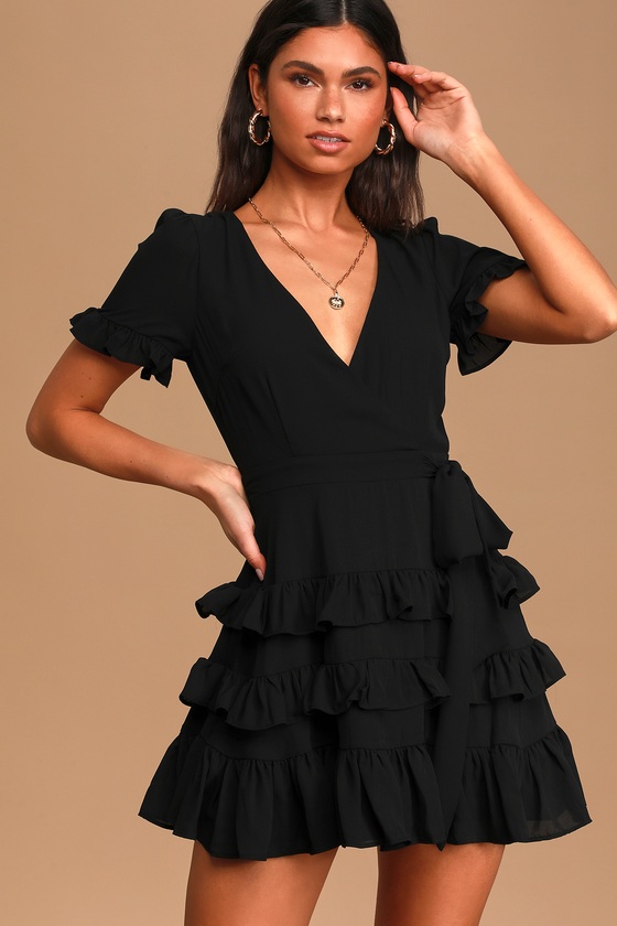 Faux Wrap Black Dress - Ruffled Mini Dress - Tiered Dress - Lulus