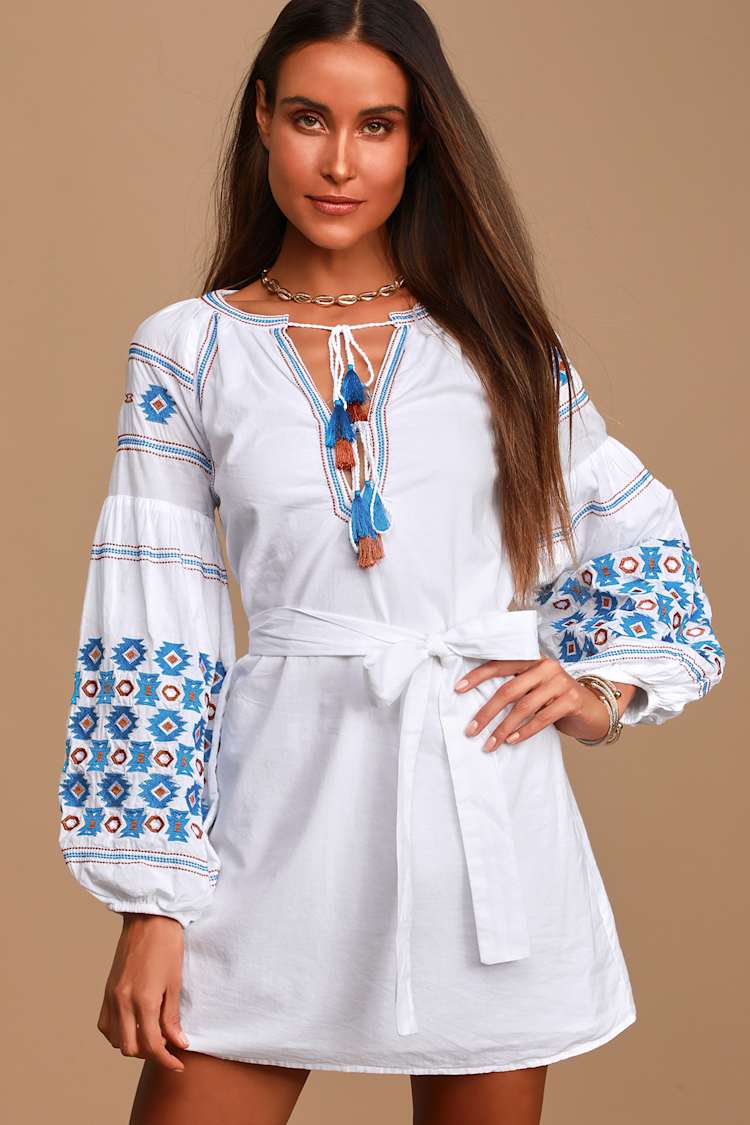 Tassel in the Sky White Embroidered Balloon Sleeve Mini Dress Tassel in the Sky White Embroidered Balloon Sleeve Mini Dress