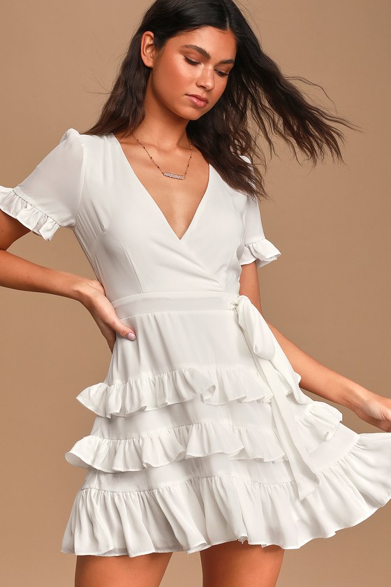 Feeling Butterflies White Ruffled Side Tie Mini Dress