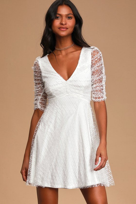 Lovely White Dress - Ruched Mini Dress - Mesh Skater Dress - Lulus