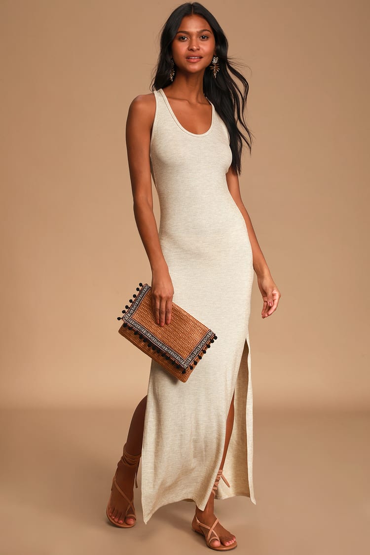 Beige Maxi Dress Ribbed Knit Maxi Dress - Bodycon Dress - Lulus